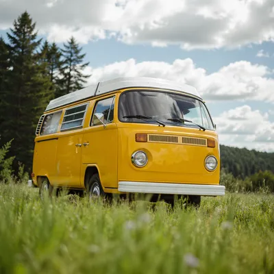 Vintage Yellow Camper Van in Countryside