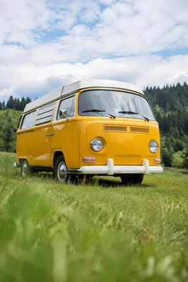 Vintage Yellow Camper Van in Countryside