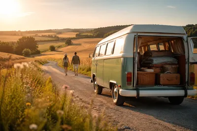 Vintage Camper Van Countryside Road Trip
