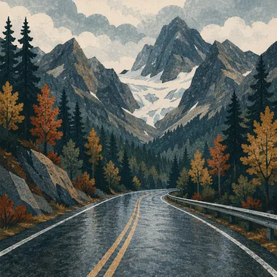 Winding Alpine Hairpin Road After Rain