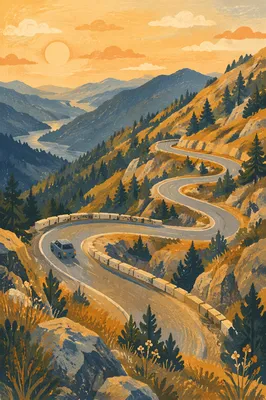 Golden Hour Winding Mountain Road View
