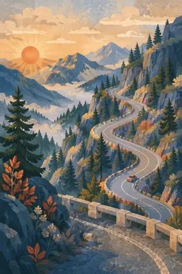 Sunrise Hairpin Road Through Alpine Mountains