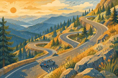 Golden Hour Winding Mountain Road View
