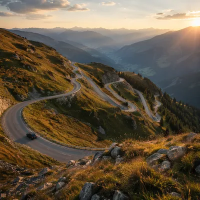 Golden Hour Winding Alpine Road View
