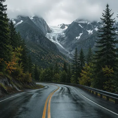 Wet Mountain Hairpin Road Through Alpine Forest