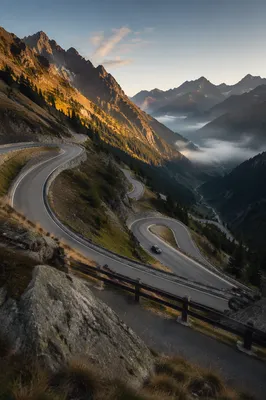 Sunrise Hairpin Road in Alpine Mountains
