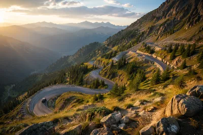Golden Hour Winding Mountain Road View