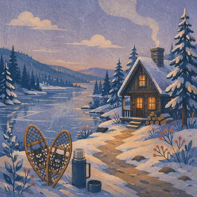 Cozy Cabin by Frozen Lake at Dusk