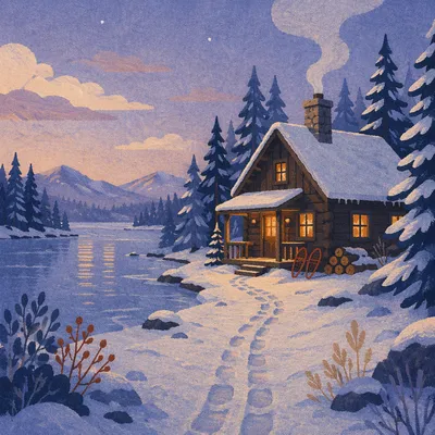 Cozy Cabin by Frozen Lake at Dusk