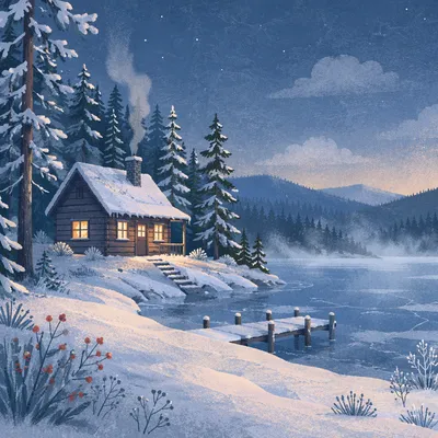 Wooden Cabin by Frozen Lake at Blue Hour