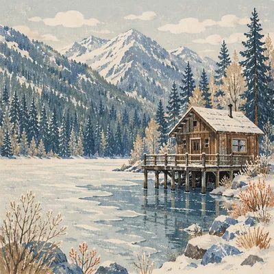 Rustic Cabin by Frozen Alpine Lake
