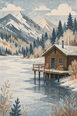 Rustic Cabin by Frozen Alpine Lake