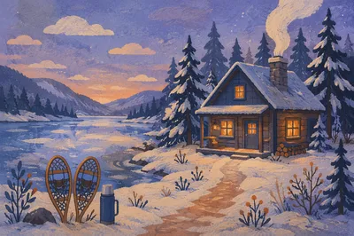 Cozy Cabin by Frozen Winter Lake