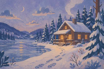 Secluded Cabin by Frozen Lake at Blue Hour