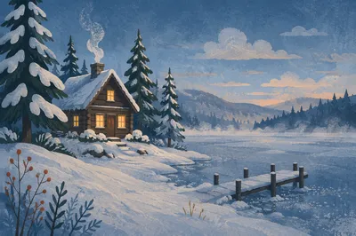 Wooden Cabin by Frozen Lake at Blue Hour
