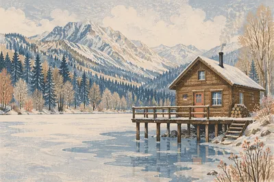 Rustic Cabin by Frozen Alpine Lake