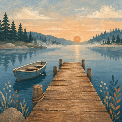 Serene Wooden Dock at Sunrise Lake
