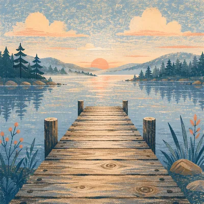 Peaceful Wooden Dock at Sunrise Lake