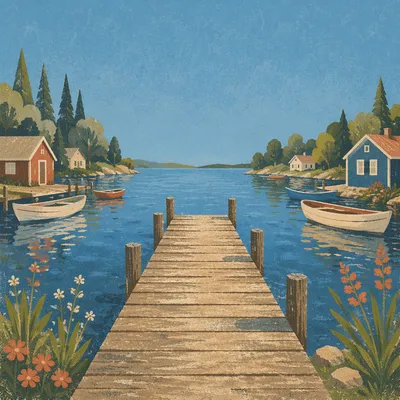 Wooden Dock on Calm Blue Lake