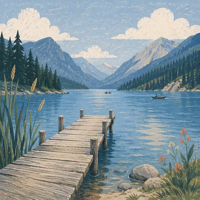 Wooden Dock on Calm Alpine Lake