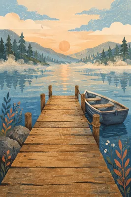 Wooden Dock on Calm Morning Lake
