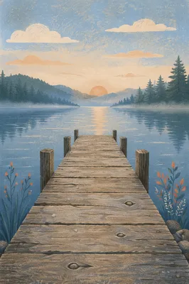 Peaceful Wooden Dock at Sunrise Lake