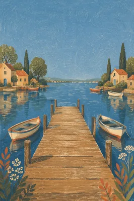 Wooden Dock on Calm Blue Lake