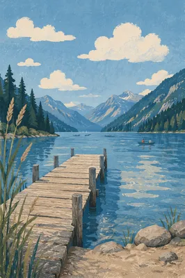 Wooden Dock on Calm Alpine Lake