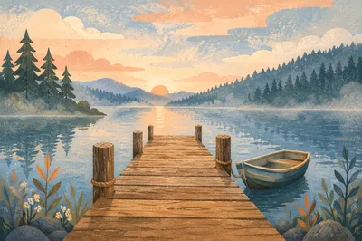 Wooden Dock on Calm Morning Lake