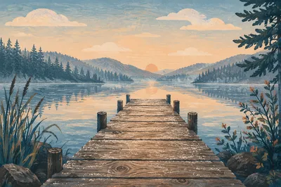 Peaceful Wooden Dock on Blue Lake