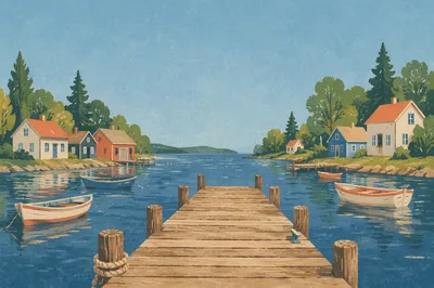 Wooden Dock on Calm Blue Lake