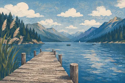 Wooden Dock on Calm Alpine Lake