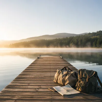 Wooden Dock on Calm Morning Lake