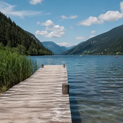 Wooden Dock on Calm Alpine Lake