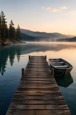Wooden Dock at Calm Sunrise Lake