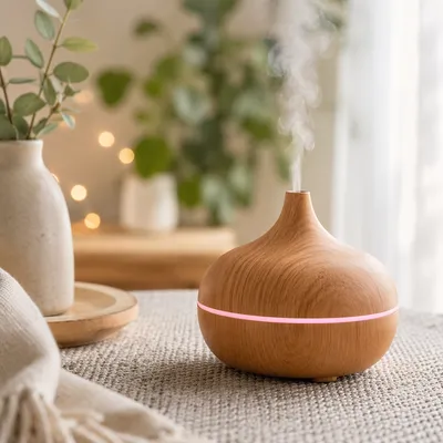 Cozy Wood Diffuser With Soft Pink Mist