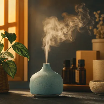 Turquoise Aromatherapy Diffuser in Cozy Wellness Room
