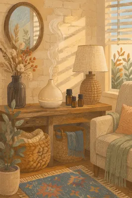 Cozy Aromatherapy Diffuser in Sunlit Wellness Corner