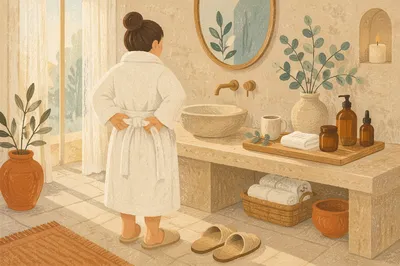 Calm Spa Morning in Bathrobe and Slippers