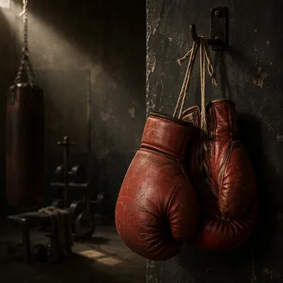Worn Red Boxing Gloves in Gritty Gym