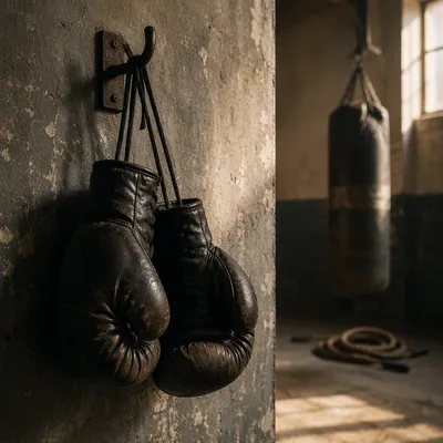 Worn Boxing Gloves in Gritty Gym