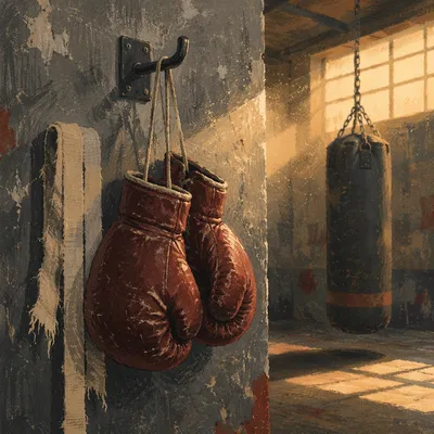 Worn Boxing Gloves in Gritty Gym