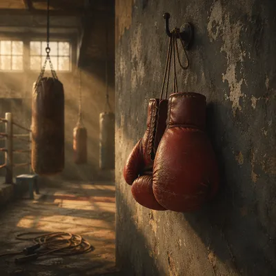 Worn Boxing Gloves in Gritty Gym