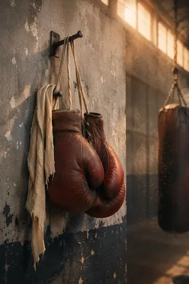 Worn Boxing Gloves in Gritty Gym