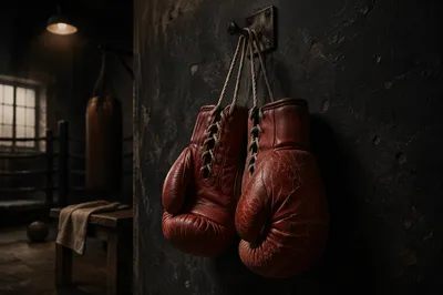 Worn Red Boxing Gloves in Gritty Gym