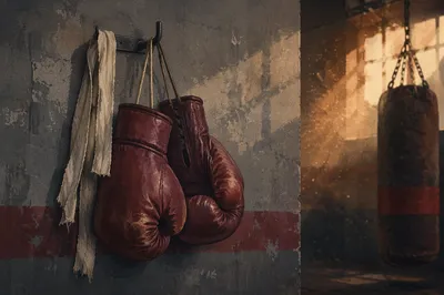 Worn Boxing Gloves in Gritty Gym