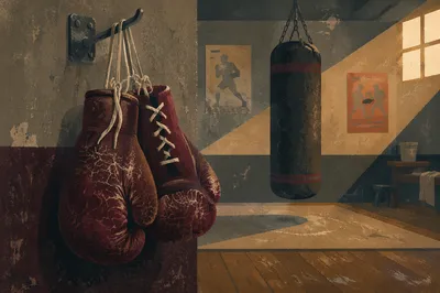 Worn Boxing Gloves in Gritty Gym