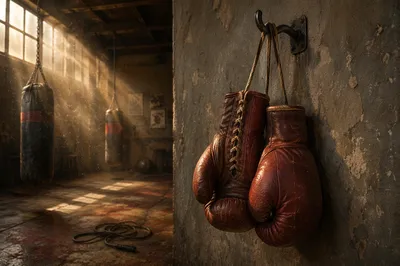 Worn Boxing Gloves in Gritty Gym