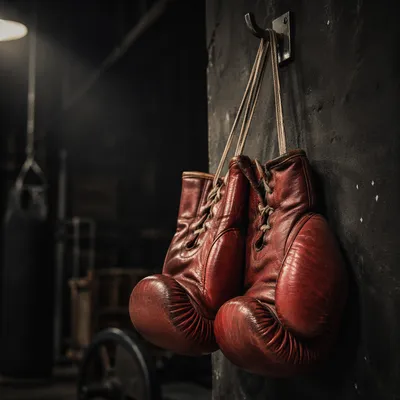 Worn Red Boxing Gloves in Gritty Gym