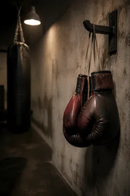 Gritty Boxing Gloves Under Gym Spotlight